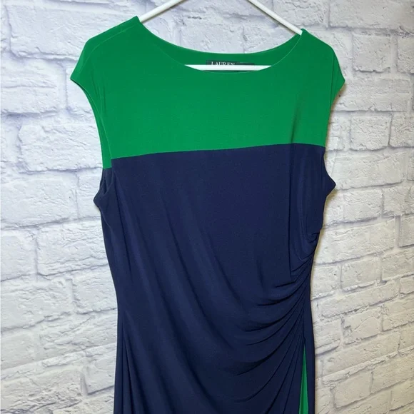 Lauren Ralph Lauren Dress Size 14 Navy Green Midi Ruched Sheath Classic Luxury - Picture 9 of 11